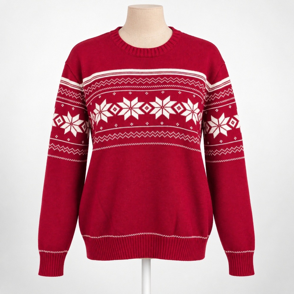 Vintage Y2K Fair Isle Snowflake Sweater Sz M Red 100% Cotton Holiday Cottagecore
